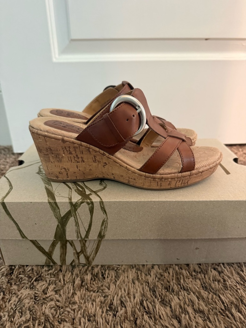 boc Brown Cork Wedge Slide Sandals with Silver Buckle
